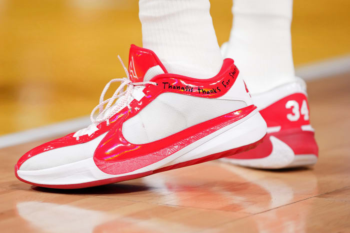 Giannis Antetokounmpo's white and red Nike sneakers worn in the 2024 NBA All-Star Game.